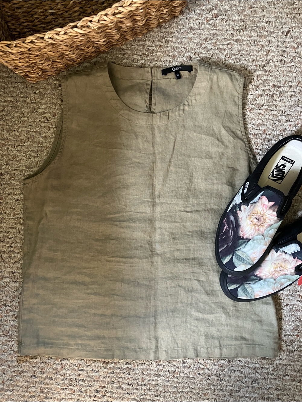 Quince 100% European Flax Linen Sleeveless Tank Top Olive Sage Green Sz. Small - Picture 9 of 9